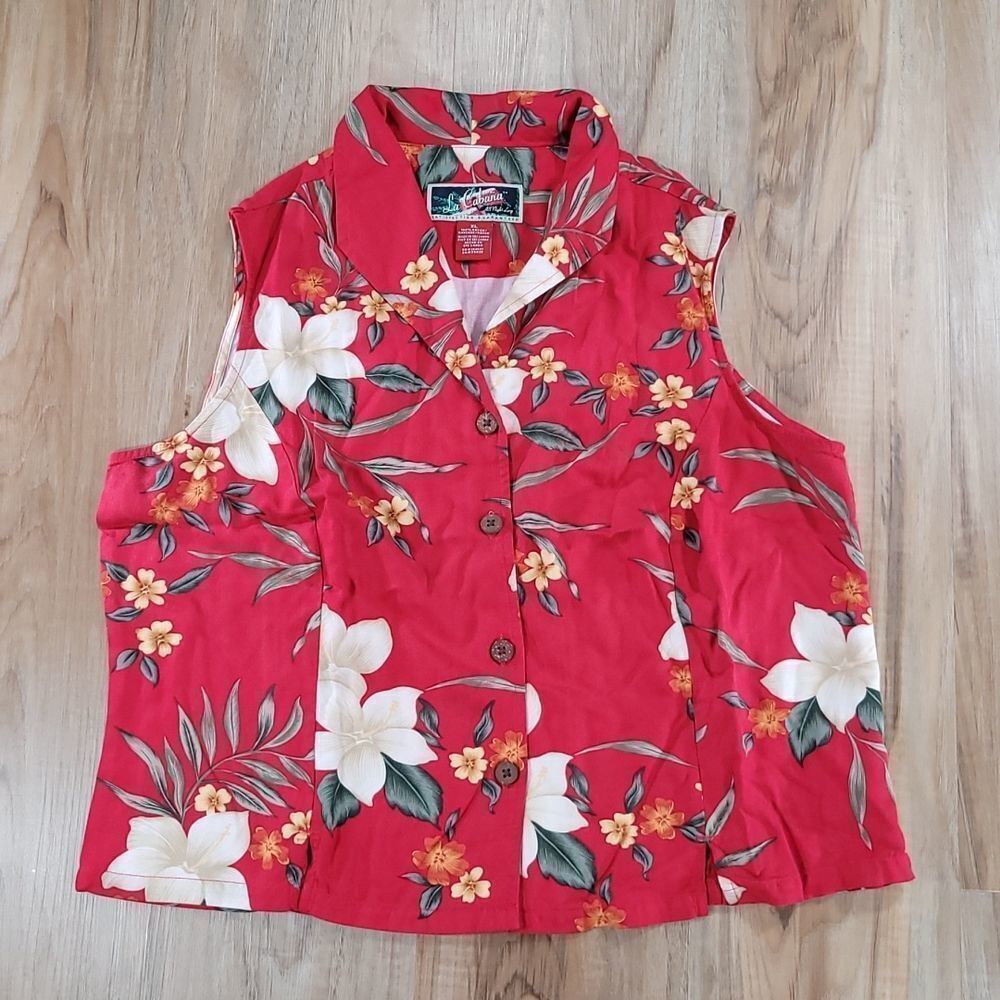 🔺️Vintage La Cabana Red Floral Buttoned Front Sleeveles Top XLarge